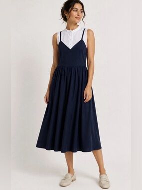 Sea New York Wool Pique Cotton Poplin Runway Shirt Dress Navy Size 6